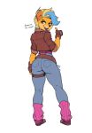  2020 absurd_res activision anthro bandicoot bottomwear butt clothing crash_bandicoot_(series) denim denim_clothing female gesture hair hi_res jacket jeans looking_back mammal marsupial multicolored_hair pants pirate_tawna rear_view ricksteubens simple_background solo tawna_bandicoot thumbs_up topwear video_games white_background 