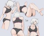 2019 alternate_costume arm_support artist_name ass breasts cleavage cowboy_shot cropped_legs dated exercise fate_(series) from_behind grey_background grey_hair highres jeanne_d&#039;arc_(alter)_(fate) jeanne_d&#039;arc_(fate)_(all) looking_to_the_side medium_breasts multiple_views muscle muscular_female navel sit-up sketch solkorra sports_bra thighs yellow_eyes 