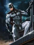  1boy absurdres bara batman batman_(series) black_bodysuit black_cape bodysuit bulge cape chest cloud cloudy_sky covered_abs covered_navel covered_nipples feet_out_of_frame gloves highres male_focus muscle qaisan rain sky solo sparkle superhero thick_thighs thighs tight 
