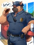 3:4 5_fingers anthro arm_support badge belt brown_body brown_eyes brown_fur bulge canid canine canis claws clothed clothing crumbs domestic_dog doughnut eating english_text fingers food fur furgonomics german_shepherd herding_dog hi_res holding_food holding_object male mammal pastoral_dog police_uniform radio solo tepen text thought_bubble uniform window 