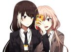  2girls bangs black_neckwear black_suit blush brown_hair brown_suit closed_mouth commentary_request eyebrows_visible_through_hair girls_frontline hair_between_eyes heterochromia highres holding holding_phone id_card lix long_hair m4_sopmod_ii_(girls_frontline) multicolored_hair multiple_girls open_mouth phone pink_hair red_eyes red_hair ro635_(girls_frontline) smile streaked_hair upper_body yellow_eyes 