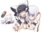  3girls anger_vein animal_ears azur_lane bangs cape cheshire_(azur_lane) closed_eyes crossed_bangs eyes_in_shadow fake_animal_ears fingernails frilled_headband frilled_ribbon frills fur-trimmed_cape fur_trim graf_zeppelin_(azur_lane) hat iron_cross long_ribbon maid_dress maid_headdress military_hat multicolored_hair multiple_girls open_mouth peaked_cap ribbon running_towards_viewer shaded_face shading_eyes sharp_fingernails sharp_teeth short_hair silver_hair siren_(azur_lane) smile steed_(steed_enterprise) streaked_hair teeth trembling turn_pale 