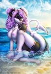  anthro black_body breasts butt canid canine claws detailed_background female genitals hair hi_res hybrid mammal marine mifa multicolored_body nipples purple_eyes purple_hair pussy smile solo two_tone_body water white_body 