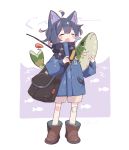  1other ahoge animal animal_ears bag bandaid bandaid_on_knee blue_coat blush boots brown_footwear cat_ears closed_eyes coat fang fish fishing_rod full_body grey_hair high_collar highres holding holding_animal holding_fish holding_fishing_rod multicolored_hair open_mouth original pink_hair short_hair shorts shoulder_bag skin_fang sleeves_past_wrists solo sorata123 standing two-tone_hair white_shorts yawning 