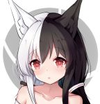  1girl :o alice_mana alice_mana_channel animal_ear_fluff animal_ears bangs bare_shoulders black_hair blush collarbone commentary_request eyebrows_visible_through_hair fox_ears grey_background hair_between_eyes hair_ornament highres long_hair looking_at_viewer multicolored_hair nagato-chan parted_lips red_eyes solo split_theme two-tone_background two-tone_hair upper_body virtual_youtuber white_background white_hair 