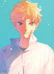  1boy bandaid bandaid_on_face buttons closed_mouth collared_shirt haikyuu!! hinata_shouyou looking_at_viewer male_focus multicolored_eyes orange_hair pinkurohai shirt short_hair sidelighting solo twitter_username upper_body white_shirt 