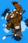  absurd_res anthro big_muscles bodily_fluids brown_body brown_fur bulge clothing exercise felid fur green_clothing green_underwear hair hi_res huge_muscles ipod kaze3481_(artist) lion male mammal muscular muscular_anthro muscular_male musk pantherine protective_gear solo steam sweat tail_tuft thong tuft underwear white_hair 