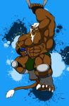  absurd_res anthro big_muscles brown_body brown_fur bulge clothing exercise felid fur green_clothing green_underwear hair hi_res huge_muscles ipod kaze3481_(artist) lion male mammal muscular muscular_anthro muscular_male nipples pantherine protective_gear solo tail_tuft thong tuft underwear white_hair 