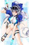  1boy 1girl bangs blue_bow blue_jacket blue_swimsuit blush bow breasts dual_wielding energy_sword fate/grand_order fate_(series) grey_hair hair_between_eyes hair_bow head_mounted_display headphones highleg highleg_swimsuit holding jacket large_breasts long_hair looking_at_viewer one-piece_swimsuit open_mouth ponytail red_eyes revision short_hair short_sleeves silver_hair smile swimsuit sword thighs tomoe_gozen_(fate/grand_order) tomoe_gozen_(swimsuit_saber)_(fate) two-tone_swimsuit weapon white_swimsuit yagyuu_munenori_(fate/grand_order) yuuse_kouichi 