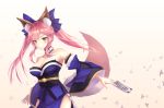  1girl animal_ear_fluff animal_ears autumn_leaves bare_shoulders blue_kimono blue_ribbon blush breasts cleavage detached_sleeves fate/extella fate/extra fate/extra_ccc fate/grand_order fate_(series) fox_ears fox_girl fox_tail hair_ribbon japanese_clothes kimono large_breasts leaf looking_at_viewer pink_hair ribbon solo tail tamamo_(fate)_(all) tamamo_no_mae_(fate) yellow_eyes yumizya 