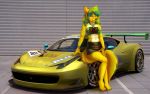  3d_(artwork) anthro blue_eyes blue_hair breasts butt canid canine canis car clothed clothing detailed_background digital_media_(artwork) female ferrari fluffy fluffy_tail fur gran_turismo green_hair hair mammal mifa multicolored_body multicolored_fur multicolored_hair open_mouth open_smile sitting smile solo sony_corporation sony_interactive_entertainment teeth two_tone_body two_tone_fur two_tone_hair vehicle video_games white_body white_fur wolf yellow_body yellow_fur 
