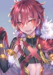  1boy :d alexander_(fate) armlet black_gloves blue_background braid cape fate/grand_order fate_(series) fur_trim gloves halterneck highres kawasemi_(pocorit) long_hair looking_at_viewer male_focus messy_hair open_mouth red_cape red_eyes red_hair simple_background smile solo upper_body 