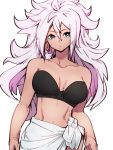  1girl android_21 bare_shoulders blue_eyes breasts closed_mouth collarbone dragon_ball dragon_ball_fighterz earrings hair_between_eyes hoop_earrings jewelry kemachiku large_breasts long_hair looking_at_viewer majin_android_21 midriff navel pink_hair simple_background solo white_background 