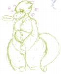  &lt;3 &lt;3_eyes alphys anthro blush clothing coat dinosaur eyewear female flustered genitals glasses hi_res iw2kmsrn monotone_body pussy reptile scalie simple_background sketch solo thick_thighs topwear undertale video_games 