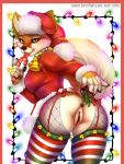  3:4 anthro anus breasts butt candy canid canine christmas claws clitoris clothed clothing female fluffy fluffy_tail food fox genitals hat headgear headwear hi_res holding_object holidays licking_object mammal mifa mistletoe open_mouth partially_clothed plant presenting presenting_anus presenting_hindquarters presenting_pussy pussy santa_hat simple_background solo teeth text tongue tongue_out url yellow_eyes 