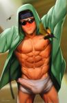  1boy abs absurdres aburame_shino bara bare_chest blurry_foreground blush boxers bug bulge chest cowboy_shot cum cum_on_clothes erection erection_under_clothes forehead_protector highres hood hoodie insect konohagakure_symbol male_focus male_pubic_hair male_underwear muscle naruto_(series) naruto_shippuuden navel ninja nipples older open_clothes open_hoodie precum pubic_hair qaisan short_hair solo sunglasses underwear 