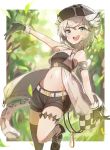  1girl :d absurdres animal_ear_fluff animal_ears arknights armband bangs bare_arms bare_shoulders black_gloves black_shorts cabbie_hat cliffheart_(arknights) commentary furuki_ayaginutaira gloves grey_eyes hat highres leopard_ears leopard_tail looking_at_viewer midriff navel open_mouth shoes short_hair short_shorts shorts silver_hair single_thighhigh sleeveless smile solo stomach tail thighhighs thighs 