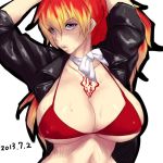  &gt;:( 1girl ao_no_exorcist between_breasts bikini bikini_top black_jacket blonde_hair blue_eyes breasts choker cleavage dated gradient_hair huge_breasts jacket kirigakure_shura large_breasts lips long_hair looking_at_viewer midriff multicolored_hair navel ponytail red_bikini red_hair sawao simple_background solo swimsuit tattoo two-tone_hair white_background 