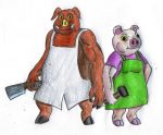  absurd_res animal_crossing anthro apron apron_only brown_body brown_skin butcher butcher_apron cleaver_(knife) clothing cutlery domestic_pig duo ebrithilbowser fan_character female fingers hammer hi_res hooved_fingers hooves kitchen_knife kitchen_utensils knife male mammal mostly_nude nintendo pig_nose smithing suid suina super_smash_bros. sus_(pig) tools tusks video_games yellow_eyes 