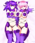  2girls absurdres animal_ears asymmetrical_docking bangs blush breast_press breasts commentary commission cosplay dangerous_beast elbow_gloves eyebrows_visible_through_hair fate/grand_order fate/stay_night fate_(series) fur-trimmed_gloves fur-trimmed_legwear fur_collar fur_trim gloves hair_over_one_eye hair_ribbon halloween halloween_costume highres lace-trimmed_legwear lace_trim large_breasts light_purple_hair long_hair looking_at_viewer mash_kyrielight matou_sakura multiple_girls o-ring o-ring_top purple_eyes purple_gloves purple_hair purple_legwear red_ribbon reiei_8 revealing_clothes ribbon short_hair smile symmetrical_docking tail thighhighs thighs wolf_ears wolf_girl wolf_tail 