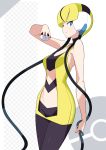  1girl bangs bare_arms black_legwear blonde_hair blue_eyes blunt_bangs checkered commentary elesa_(pokemon) eyelashes gym_leader hand_up headphones highres holding holding_poke_ball looking_at_viewer looking_to_the_side pantyhose parted_lips poke_ball poke_ball_(basic) poke_ball_symbol pokemon pokemon_(game) pokemon_bw revision sakuraidai short_hair solo 