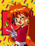  1990s_(style) 1girl commentary fang gloves highres lina_inverse looking_at_viewer one_eye_closed open_mouth orange_eyes orange_hair potiri02 slayers solo v white_gloves 