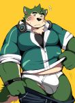  2020 anthro bearlovestiger13 blush bulge canid canine canis clothing domestic_dog fur green_body green_fur headphones_around_neck hi_res humanoid_hands live-a-hero male mammal mokdai musclegut simple_background slightly_chubby solo underwear video_games 