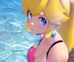  blonde_hair blue_eyes breasts cleavage close cropped kashu_(hizake) long_hair ponytail pool princess_peach super_mario_bros swimsuit water wet 