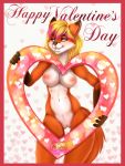 3:4 anthro blonde_hair blue_eyes border breasts brown_body brown_fur canid canine female fluffy fluffy_tail fox fur genitals hair hi_res mammal mifa multi_nipple multicolored_body multicolored_fur multicolored_hair navel nipples nude open_mouth orange_body orange_fur pink_hair pussy red_border simple_background solo two_tone_hair white_body white_fur 