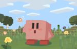  blush_stickers bomber_(kirby) bronto_burt cloud commentary_request creeper day flower grass highres kirby kirby_(series) minecraft nature outdoors pink_skin signature solo_focus suyasuyabi tree waddle_dee yellow_flower 