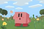  blush_stickers bomber_(kirby) bronto_burt cloud creeper day flower grass highres kirby kirby_(series) minecraft nature outdoors pink_skin signature solo_focus suyasuyabi tree waddle_dee yellow_flower 