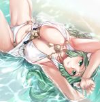  1girl armpits beach bikini breasts cleavage eyebrows_visible_through_hair eyelashes fire_emblem fire_emblem:_three_houses fire_emblem_heroes flower green_eyes green_hair hair_flower hair_ornament highres huge_breasts jewelry lips lying moisture_(chichi) navel partially_submerged rhea_(fire_emblem) smile solo swimsuit thighs wet white_bikini 