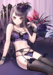  1girl arm_support bare_arms bare_shoulders black_hair black_legwear bra breasts collarbone commentary_request garter_belt hand_up lingerie long_hair looking_at_viewer medium_breasts momoshiki_tsubaki navel original panties parted_lips purple_bra purple_panties sitting solo stomach string_bra string_panties thighhighs thighs underwear underwear_only wrist_cuffs yellow_eyes 