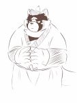  2020 3:4 anthro black_and_white blush canid canine clothing gloves handwear humanoid_hands kemono live-a-hero mammal monochrome overweight overweight_anthro puss3250 raccoon_dog robe shoen simple_background sketch solo tanuki video_games white_background 