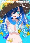  1girl air_bubble arms_behind_back bikini blue_eyes blue_hair breasts bubble bug butterfly fang flower hair_over_one_eye hat hat_flower highres insect large_breasts looking_at_viewer open_mouth original solo starfish straw_hat suction_cups sunflower swimsuit tentacle_hair tongue watariganikun white_bikini 
