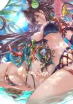  2girls bangs bare_shoulders bikini black_bikini black_hair blue_bikini blue_hair blue_sky breasts cleavage diving_mask double_bun fate/grand_order fate_(series) grin highres large_breasts long_hair looking_at_viewer multicolored_hair multiple_girls murasaki_shikibu_(fate) purple_eyes purple_hair red_hair sei_shounagon_(fate) sky smile snorkel swimsuit thighs twintails two_side_up very_long_hair water yatsuka_(846) 