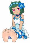  1girl absurdres armband barefoot blue_dress blush blush_stickers child closed_mouth commentary_request dark_skin dress eyebrows eyelashes feet flower green_hair hair_flower hair_ornament head_wreath highres legs looking_at_viewer menla partial_commentary petals pink_eyes pov pov_feet re:zero_kara_hajimeru_isekai_seikatsu short_hair simple_background sitting smile soles solo teasing toes typhon_(re:zero) white_background 