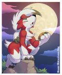  2020 anthro black_claws black_nose blush canid canine cheek_tuft chest_tuft claws cloud detailed_background english_text eyes_closed facial_tuft finger_claws full_moon fur hi_res howl lycanroc male mammal midnight_lycanroc moon multicolored_body multicolored_fur night nintendo pok&eacute;mon pok&eacute;mon_(species) red_body red_fur sky text toe_claws tuft video_games white_body white_fur zi_ran 