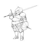  1boy absurdres armet armor dark_souls_(series) dark_souls_i full_armor gauntlets helm helmet highres knight liba_(leo8d) lineart shield siegmeyer_of_catarina solo spiked_shield standing sword weapon white_background zweihander 