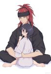  1boy 1girl abarai_renji absurdres barefoot black_headband black_kimono bleach blush brown_eyes closed_mouth commentary_request couple double-parted_bangs eyelashes finger_to_mouth forehead_tattoo full_body hair_between_eyes hand_up headband hetero high_ponytail highres hug index_finger_raised japanese_clothes kimono kuchiki_rukia long_sleeves looking_at_viewer looking_back medium_hair neck_tattoo nose ponytail purple_eyes red_hair rinner373 simple_background sitting smile soles tattoo tsurime wariza white_background white_kimono wide_sleeves 