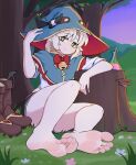 1girl absurdres bare_legs barefoot bell black_shorts blue_capelet boots bow bowtie capelet feet foot_focus foreshortening full_body grass green_eyes hat highres long_hair neck_bell original outdoors presenting_foot red_bow red_bowtie shirt shorts sitting softhanten soles solo toes tree tree_stump unworn_boots white_hair white_shirt witch_hat 