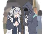  1girl 1other ambiguous_gender animal_ears ansr_(stigro) arknights black_coat black_dress black_gloves black_hair black_jacket breasts china_dress chinese_clothes cleavage_cutout clothing_cutout coat commentary_request doctor_(arknights) dress eyewear_on_head feater_(arknights) gloves grey_hair hair_over_one_eye hand_in_pocket highres hood hood_up hooded_coat hooded_jacket jacket long_sleeves multicolored_coat multicolored_hair open_clothes open_jacket open_mouth panda_ears panda_girl purple-tinted_eyewear round_eyewear shirt smile streaked_hair sunglasses thumbs_up tinted_eyewear twintails two-tone_coat two-tone_hair upper_body white_shirt 