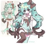  1girl :q alternate_costume asymmetrical_legwear black_nails blush_stickers bow brown_bow brown_hair brown_ribbon brown_shirt brown_skirt brown_thighhighs commentary_request dripping food-themed_hair frilled_shirt frills green_eyes green_hair green_shirt green_thighhighs hair_bow hair_ribbon hand_up hatsune_miku highres invisible_chair korean_commentary licking_lips long_hair looking_at_viewer mint_chocolate mismatched_legwear multiple_hair_bows redrawn reetjell reference_inset ribbon shirt sitting skirt skirt_peek sleeveless sleeveless_shirt smile solo star_(symbol) star_in_eye symbol_in_eye thighhighs tongue tongue_out twintails very_long_hair vocaloid white_wings wings 