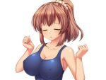  1girl aomi_riru blue_one-piece_swimsuit blush breasts brown_hair cleavage clenched_hands closed_eyes collarbone covered_nipples game_asset hair_between_eyes hair_ornament hair_scrunchie hands_up large_breasts large_variant_set non-web_source official_art one-piece_swimsuit parted_lips ponytail raised_inner_eyebrows school_swimsuit scrunchie self-datamine sidelocks simple_background solo standing swimsuit tachi-e tan tearing_up toriumi_hinata transparent_background upper_body variant_set yumemi_ga_cheek! 