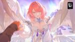  2girls absurdres belle_(zenless_zone_zero) bow breasts bright_pupils cleavage dress hair_bow hair_ornament highres holding_hands large_breasts looking_at_viewer medium_hair mole mole_on_breast multicolored_eyes multiple_girls official_art pink_eyes pink_hair pointy_ears pov pov_hands purple_eyes remielle_dan smile solo two-tone_eyes wings zenless_zone_zero 