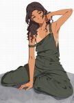  1girl armpits black_hair breasts brown_eyes collarbone grey_overalls gundam gundam:_hathaway's_flash hair_down highres julia_suga long_hair marulka naked_overalls off_shoulder overalls sideboob sitting solo strap_slip tan tanlines 