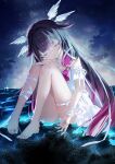  1girl absurdres barefoot black_hair closed_eyes closed_mouth columbina_(genshin_impact) commentary_request dress eye_mask genshin_impact hair_ornament hand_on_own_knee highres long_hair long_sidelocks mask multicolored_hair night on_water outdoors parted_lips purple_hair sidelocks sitting sky solo sorani_(kaeru0768) star_(sky) starry_sky very_long_hair water white_dress wing_hair_ornament 