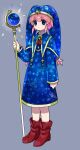  1girl beam_mage blue_capelet blue_dress blue_eyes blue_hat boots capelet closed_mouth commentary_request dot_mouth dress full_body glowing grey_background hand_up hat highres holding holding_staff jester_cap kanafumi_(spindle) kirby kirby_(series) looking_at_viewer mage_staff personification pink_hair print_capelet print_dress print_headwear red_boots short_hair simple_background solo staff standing star_(symbol) star_in_eye starry_sky_print symbol_in_eye team_kirby_clash_deluxe 