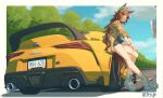  1girl ahoge animal_ears baronilu blue_sky blush brown_hair brown_jacket car closed_mouth cloud commentary_request denim denim_shorts green_eyes hair_between_eyes hair_ornament hairclip highres horse_ears horse_girl horse_tail jacket jewelry long_hair motor_vehicle mr._c.b._(casual)_(umamusume) mr._c.b._(umamusume) outdoors road_sign shirt shoes shorts sign sky smile socks tail toyota toyota_supra toyota_supra_mk_v umamusume white_shirt white_shoes white_socks 