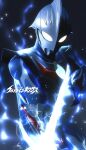 1boy alien armor artist_name black_background blue_skin castlings character_name color_timer colored_skin commentary compound_eyes dorsal_fin energy glowing highres male_focus multicolored_skin shoulder_armor silver_skin solo tokusatsu ultra_series ultraman_nexus ultraman_nexus_(series) ultraman_nexus_junis_blue untranslatable_commentary white_eyes 